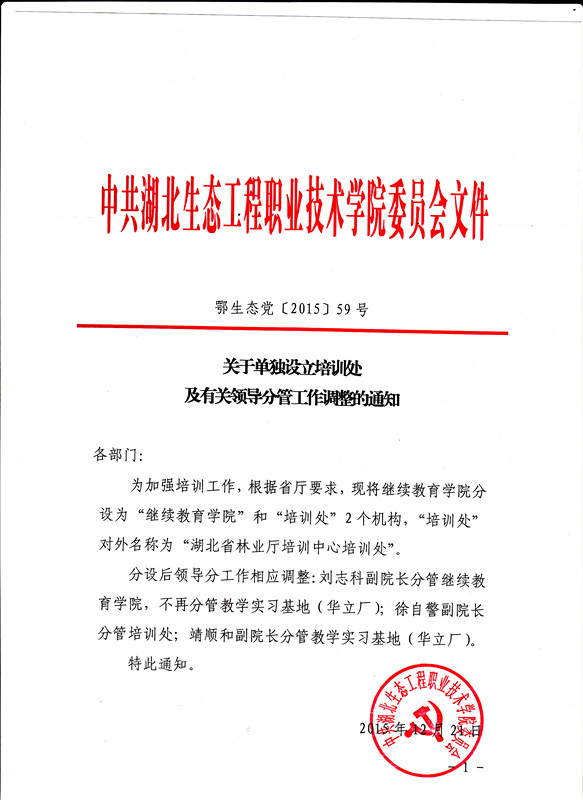 关于单独设立培训处及有关领导分管工作调整的通知